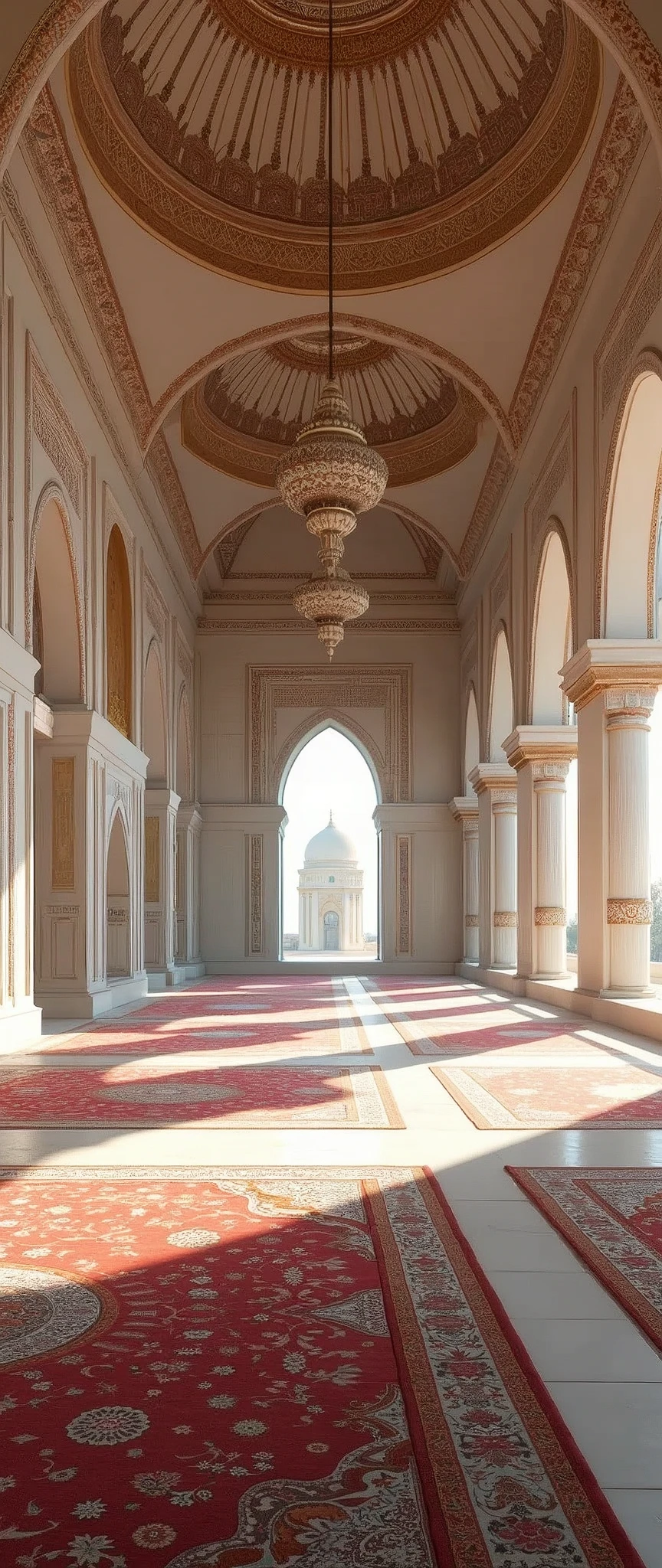 (masterpiece:1.2,Highest quality,Ultra-high resolution,Super detailed,Photorealistic,RAW Photos:1.2,Elaborate photos),(Beautiful mosque room),8k,wallpaper,(Ray Tracing),(Beautiful arabesque carpet),(A large dome with beautiful arabesque patterns),(A large mosque room with a white base),dynamic