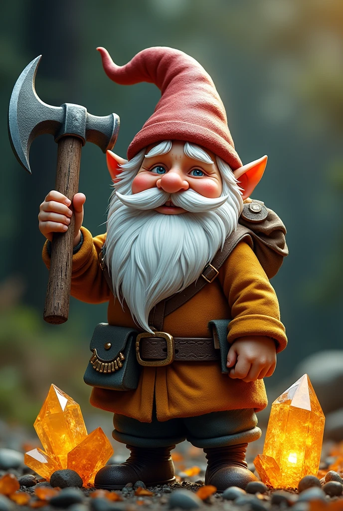 gnome with pickaxe on shoulder and citrine crystals