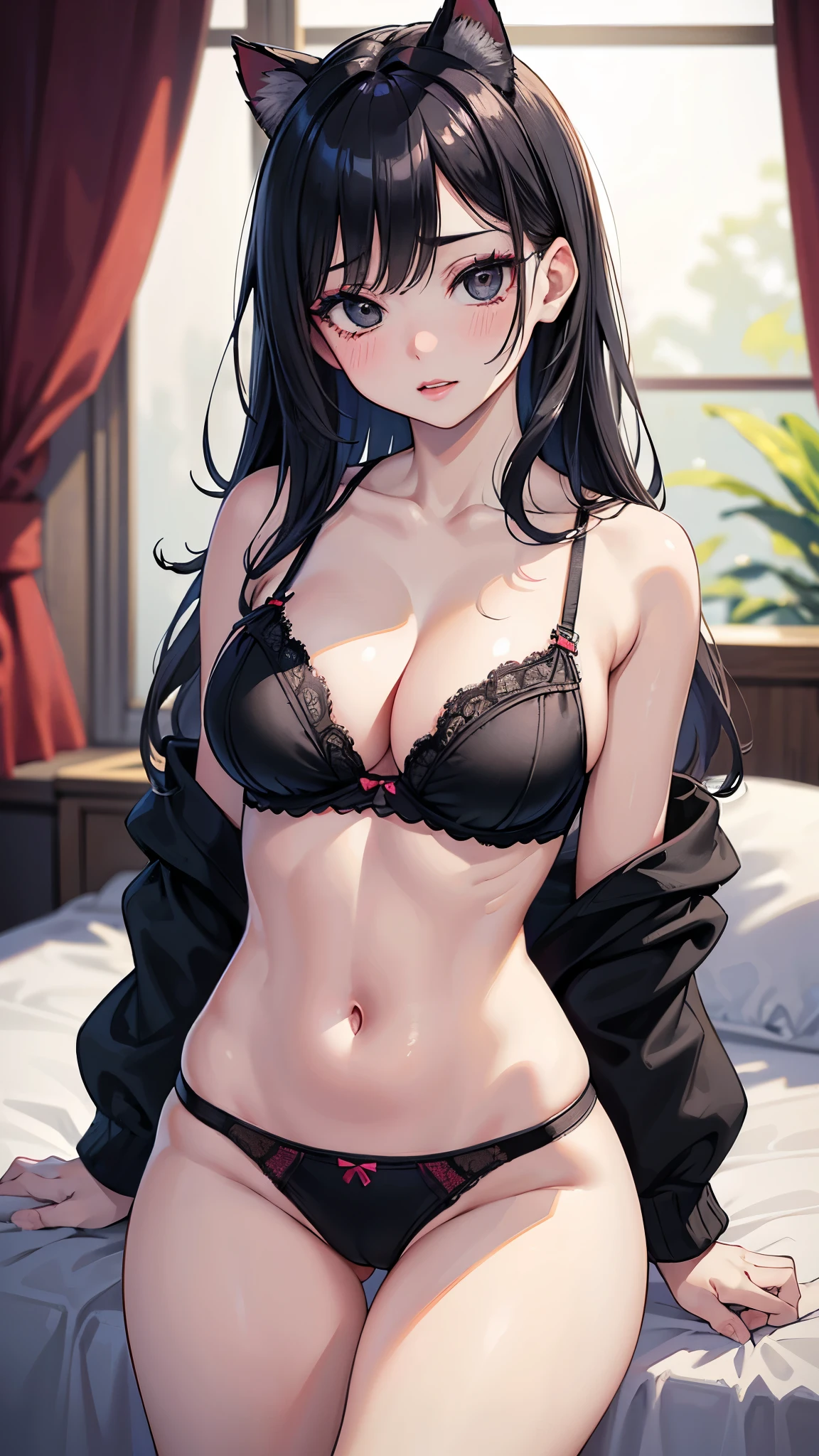 (masterpiece, 最high quality, 超High resolution, Very detailed), (Realistic:1.1, photoRealistic:1.4), Perfect illustration, Perfect lighting,Hair in perfect detail, Perfect and detailed face, Perfect collarbone, Perfect body,Juicy breasts, Perfect Thighs, Beautiful feet, View your viewers, 1 Girl,Perfect Face, (Perfect Anatomy, Anatomically correct), Symmetrical face、((Shiny Hair)),Sexy Body、(masterpiece),(最high quality:1.3),8k,Very clear,(Ultra-realistic),,Captivating woman,(high quality, High resolution, Fine details), Realisticなスタイルの女性,Juicy breasts、One perfect woman、Perfect Face、Symmetrical face、、((Large Breasts))、Cleavage、blush、((Juicy lips))、Cowboy Shot、((Messy black hair))、((Large, double-set black eyes、Long eyelashes))、((Red makeup))、(((Naughty female cat)))、(((Sexy underwear)))、(indoor、Bedroom)