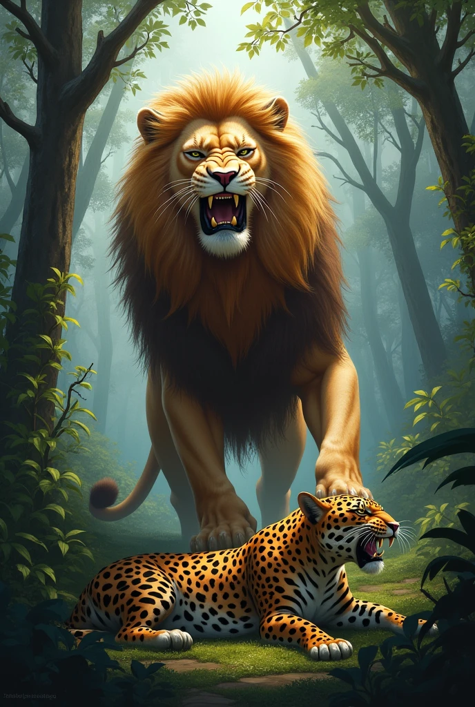 {
"size": "1024x1024",
"prompt": ""A fierce battle scene in a dense jungle, where a powerful lion stands victorious over a jaguar. The lion, with its muscular build and golden mane, roars triumphantly as it towers over the fallen jaguar. The jungle background is lush with thick foliage, tall trees, and a dramatic sky above, highlighting the intensity of the scene. The lion's eyes are fierce and focused, while the jaguar lies on the ground, showing signs of defeat. The lighting casts shadows through the trees, creating a dynamic and intense atmosphere."