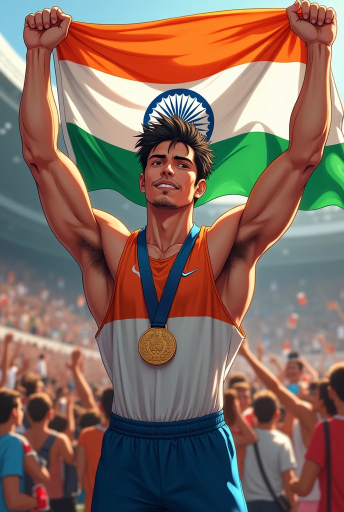 A beautiful man anime with wearing indian tricolor, celebrating with silver medal in Paris Olympics,too many people sitting in ground , indian tricolor in hand