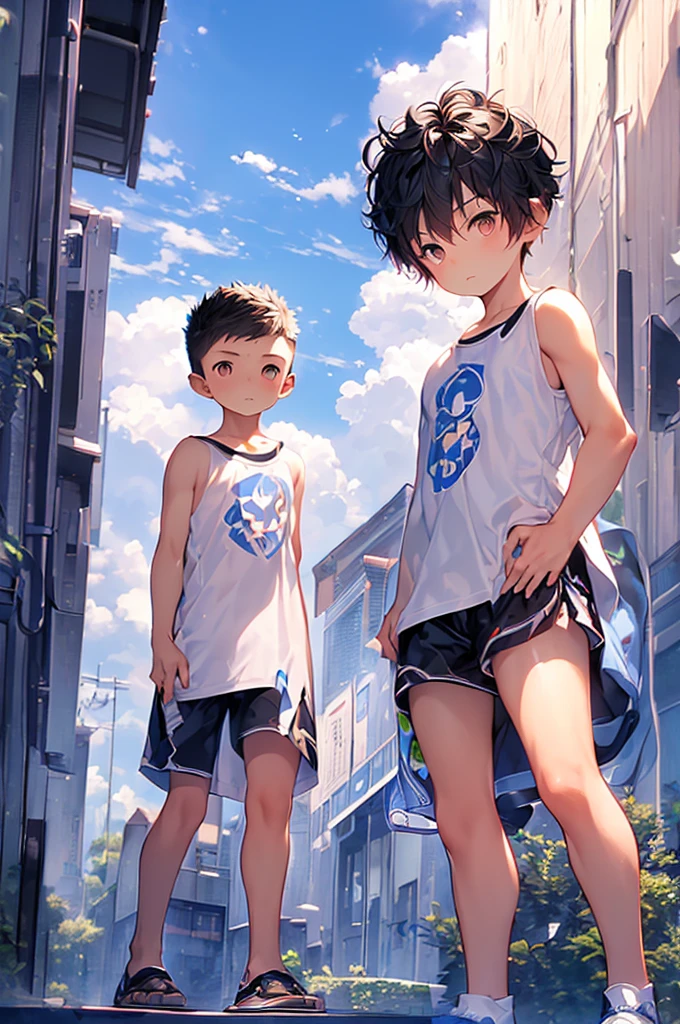 (Shota:1.5),(((Highest quality))),(((masterpiece))),(((Very detailed))),(((High resolution))),(((One person))),Short sleeveＴshirt,Short shorts,White socks,Blue sneakers,Cheerful boy,Japanese,Buzz Cut,(((Spiked Hair))),Black Hair,(Point pupils),Skinny body,Baby Face,smile