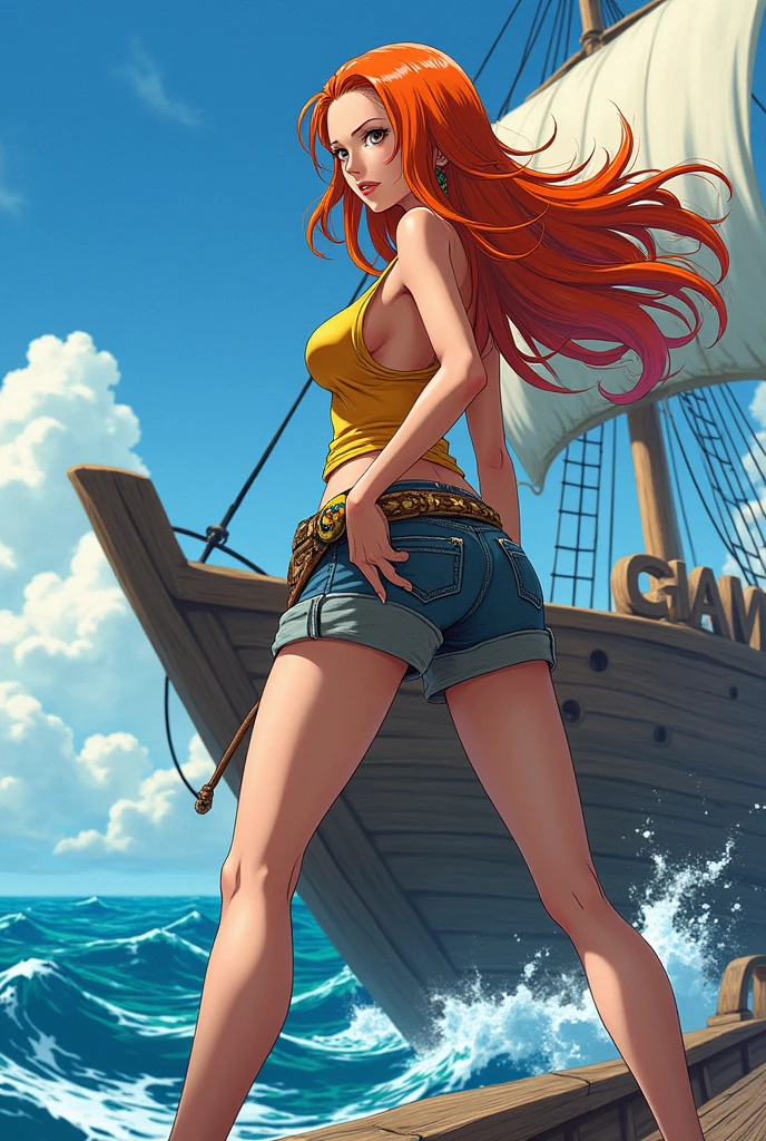 masterpiece, (Realistic:1.5), Highest quality, Beautiful lighting, Real Life, US \(one piece\), (only solo people ), 2 or more people NG, (perfect anatomy) , beautiful , , , Floating Hair, Long Orange Hair, Brown eyes, , Exposing shoulders , shoulder tattoo, large breasts , Cleavage, Slim waist, smile, , standing alone , Sweat-soaked skin, , low-rise jeans, , , 比基尼(micro:1.5, green, top only , ), full-body shot angle capturing, Wearing high heels, Detailed high heels, Bangles, bangs, Earrings, , bracelet, between legs, green belt, jewelry, Log Pause, belly button, , , , , , blue sky, cloud, big pirate ship on the sea, floor, , Detailed footwork , , , Complex, Attention to detail, Sharp focus, dramatic, (RAW Photos, 8k Ultra HD, Film Grain), Caustics, Scattered beneath th
