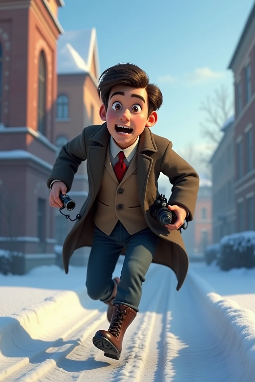 Pixar style, animation, 3d, journalist, 1900s, Russia, snow background, journey, camera, 30s age, adventure, running , movie poster, high quality, running face expression, vantage camera on his hand, full body shows. Disney, running from gangsters.