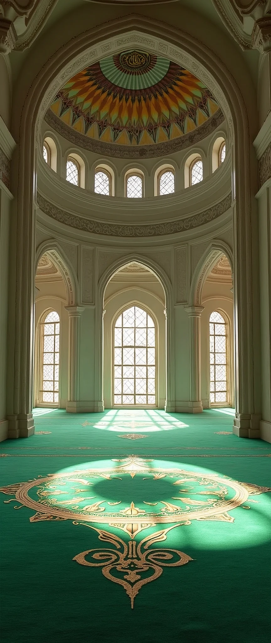 (masterpiece:1.2,Highest quality,Ultra-high resolution,Super detailed,Photorealistic,RAW Photos:1.2,Elaborate photos),(Beautiful mosque room),8k,wallpaper,(Ray Tracing),(Beautiful arabesque carpet),(A large dome with beautiful arabesque patterns),(A large mosque room with a green theme),dynamic