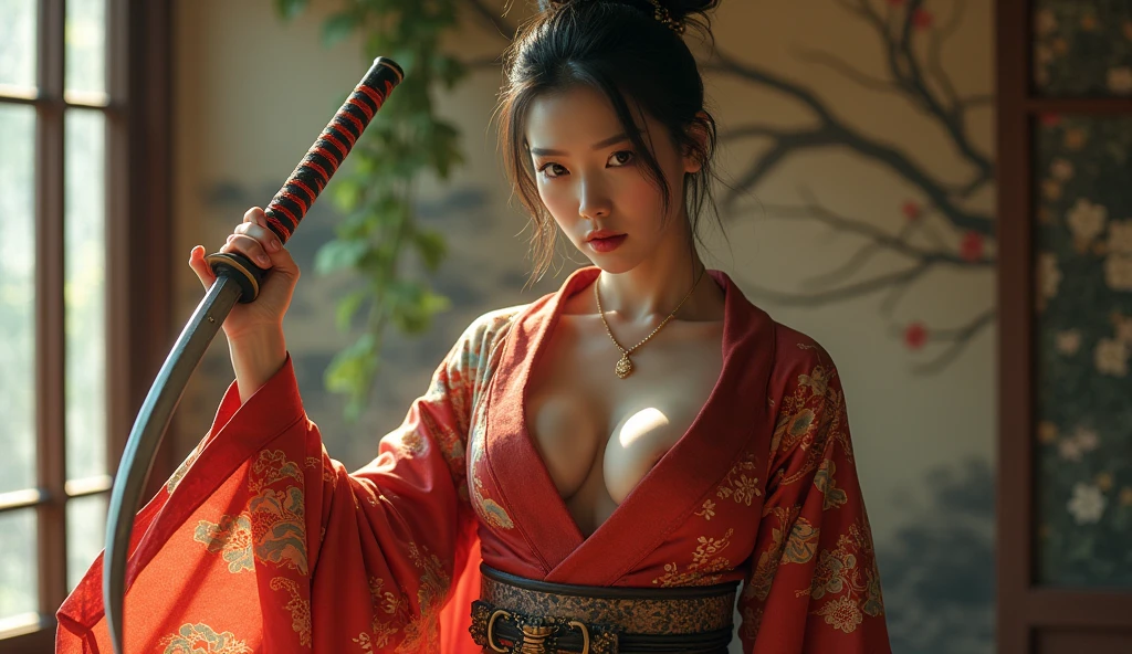 
beautiful japanese woman with big breasts in revealing kimono and katana