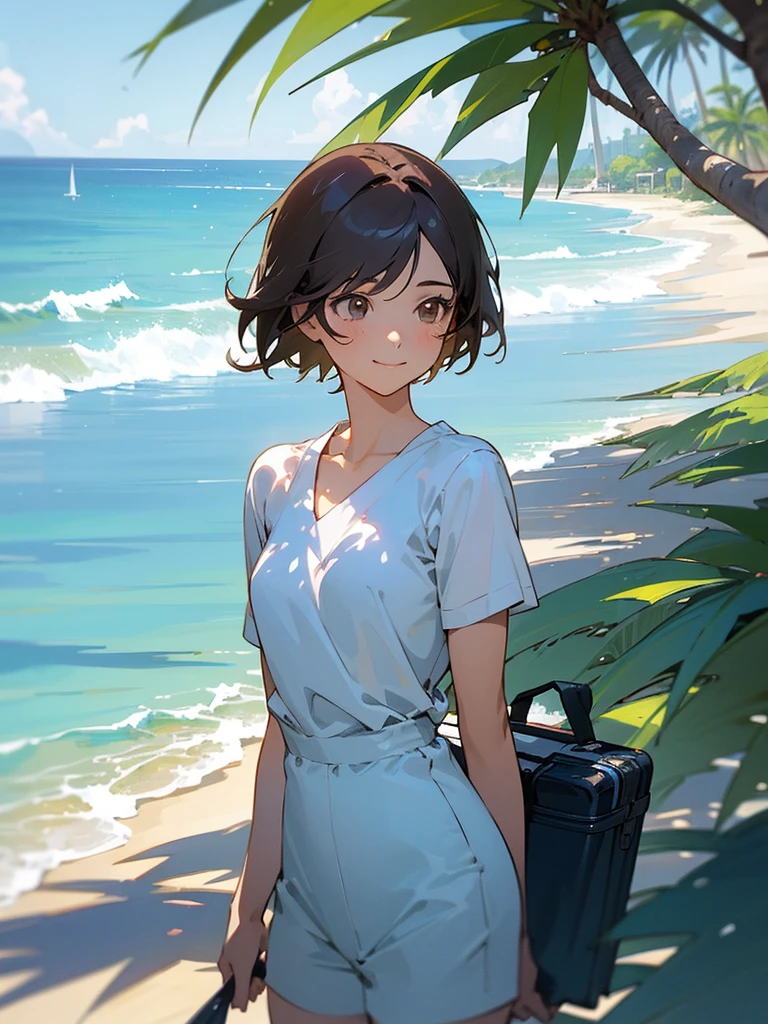 master piece, best quality, for below, cinematic angle, upper body , pigeon toed,
Anime-style Moe illustration, yuri, summer vacation theme, 20-year-old, 2Girls, Beach,Tree Shade, short hair,
Summer Casual, slightly inner thighs, smile, accurate drawing, Active pose, Active Angle,
