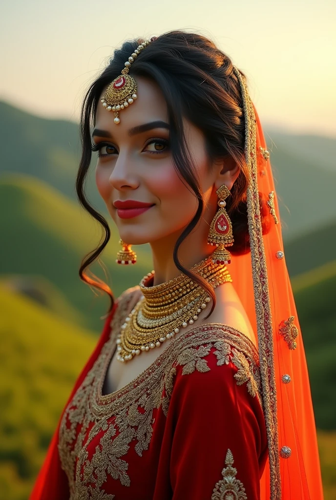 epic realistic portrait of Pakistani bride outdoor (same face, location, but different pose)