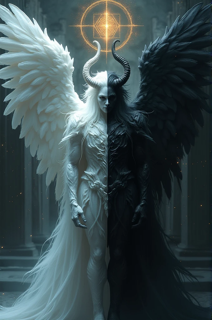 Lucifer with one horn turned right and another turned left with the body divided into black and white with a dark digital touch and alchemical symbol