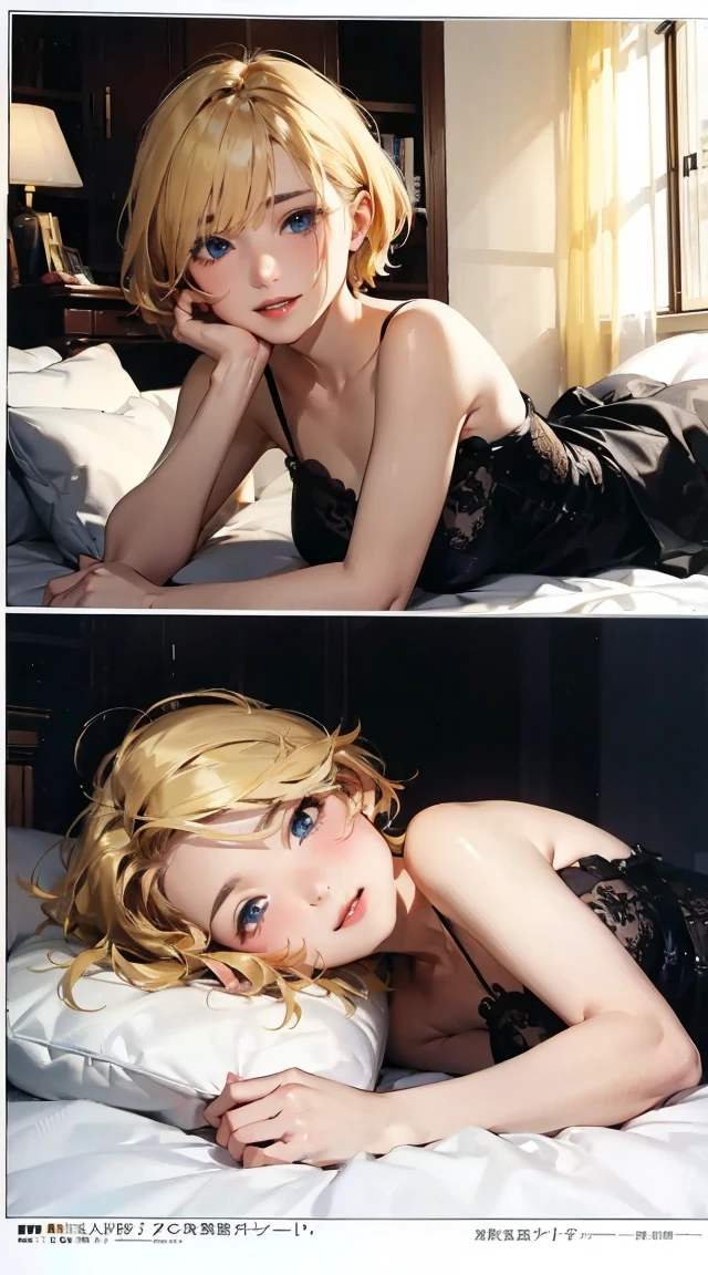 Serauranus、whole body、Bedroom、blonde、short cut hair、blue eyes、lie down and seduce me