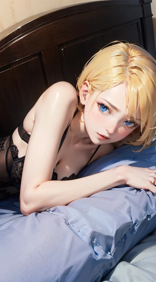 Serauranus、whole body、Bedroom、blonde、short cut hair、blue eyes、lie down and seduce me