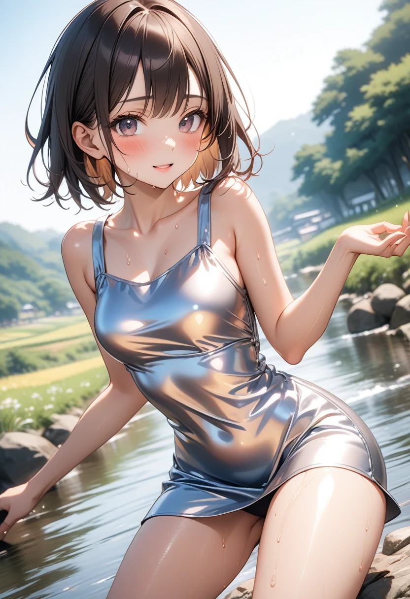 (((A woman playing in midsummer in Japan))), (A hot summer)), (((Summer Dresses))), ), skindentation, skinny, solo, 1 woman, Masterpiece, highest quality, highest quality, 16K, incredibly absurd, highly detailed, 2.5D, ai-generated, delicate and dynamic, very delicate facial expressions, delicate eye depiction, erotic, only sexy woman, ((A cute and kind face)), healthy figure, ((25-year-old woman)), 160cm tall, medium firm swaying bust, Dark Hair, blush, Sweat,Embarrassed,sexy, ((thin thighs)), (camel toe:0.7), (visible nipples:0.7), (Erect nipples,:0.7), shiny and lustrous, facing straight at viewer, (((in heat))), ((Oily_skin)), ((Lots of sweat)), (((Brown Skin))), ((dutch angle)), ((erotic pose)), ((In the Japanese countryside, by the river, on a hot summer's afternoon,)), Metallic shiny outfit, (((Very dynamic pose))),