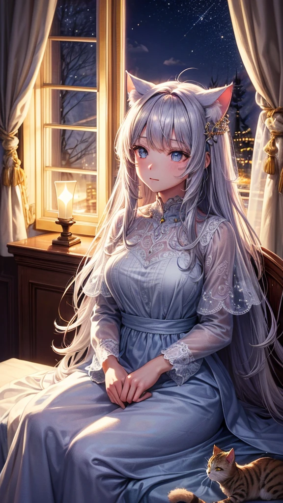 High resolution, Attention to detail, Very detailed, Cat,close, Sparkle Effect, night,window,become round,Are sleeping,Her hair shines in the moonlight,Anatomically correct, Highest quality, Multiview, 