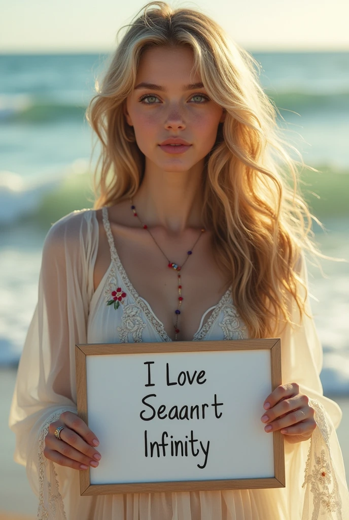 Beautiful girl with wavy long hair, bohemian dress, holding a white board with text "I Love Seaart Infinity" and showing it to the viewer