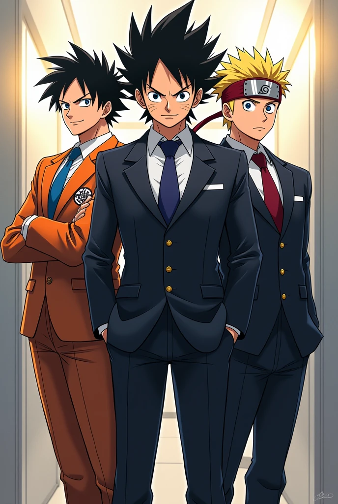 Anime characters monkey d Luffy, Goku and Naruto in one picture with full of their power levels in 3 piece suits 
