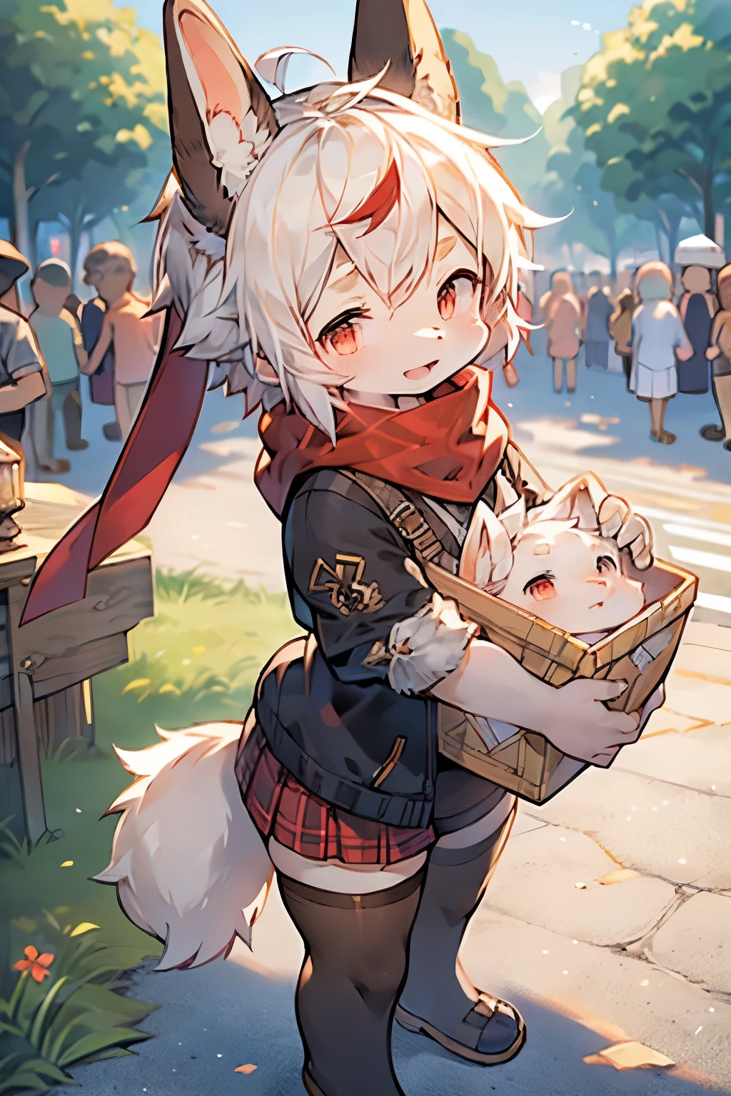Dwarf bunny girl,Bunny ears,Furry girls,Baby characteristics,Red pupil,Red skin,Red Arm,White hair,scarf,Short skirt,stocking,Park Background