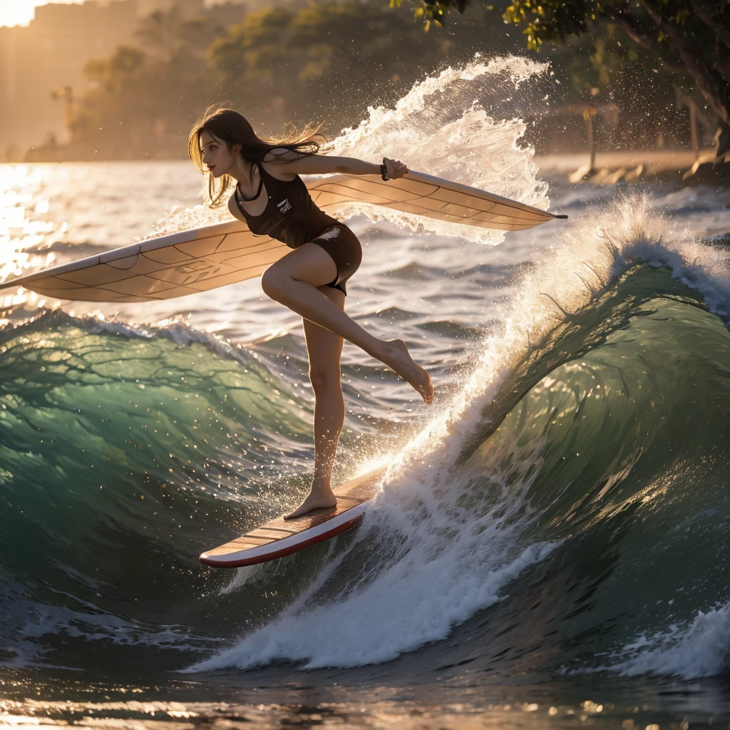 (Luminism:1.28), Side view, TopQuality 8K Masterpiece (ProfessionalPHOTO:1.37) (Extremely Detailed (Girl Riding on a Life Size surfboard)), Colorful morning Glory Rays, (There is Only one surfboard under her foot:1.32) Sparkling Water Splashing Water Particles, Glowing Wet Hair, Hourglass body type, Dynamic motion blur, {Perfect Hand|Perfect Limbs}, (Surfing Photos:1.4) (((nothing hold)))