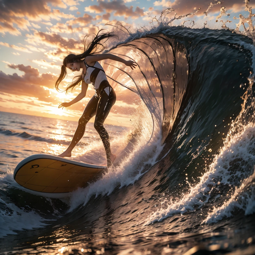 (Luminism:1.28), Side view, TopQuality 8K Masterpiece (ProfessionalPHOTO:1.37) (Extremely Detailed (Girl Riding on a Life Size surfboard)), Colorful morning Glory Rays, (There is Only one surfboard under her foot:1.32) Sparkling Water Splashing Water Particles, Glowing Wet Hair, Hourglass body type, Dynamic motion blur, {Perfect Hand|Perfect Limbs}, (Surfing Photos:1.4) (((nothing hold)))