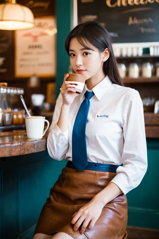 A beautiful girl is having a coffee in a vintage coffeeshop, professional light, wearing office dress, white shirt, blue skirt, A high resolution, perfect anatomy, one girl only, single girl, 1girl, solo, (advanced facial details), A high resolution, beautiful, masterpiece, best quality, photorealistic, photorealistic perfect body v.1.1