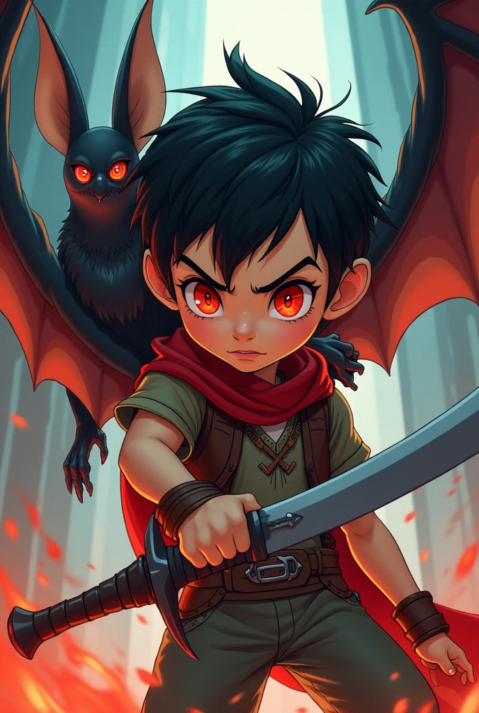 Boy with red eyes and bat holding sword two-dimensional animation