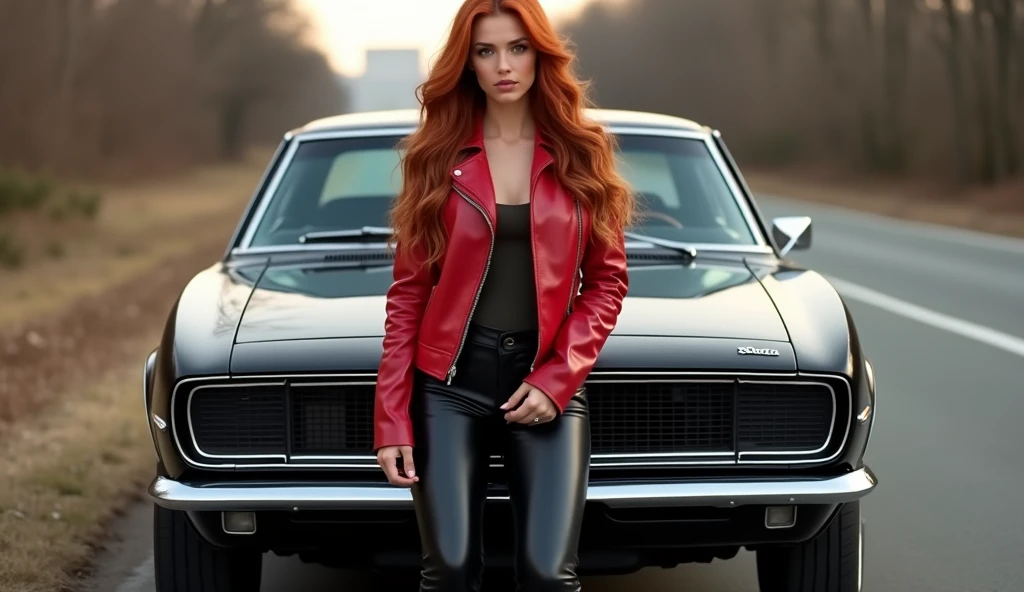 ultra realistic, photography, long red hair, girl, 24 years old, hourglass figure, perfect body, medium breasts, blur background, black chevrolet camaro SS 1968 on the side of the road, she wears a red leather jacket and black tight leatherpants, she stands in front of the car, leaning against the hood of the car