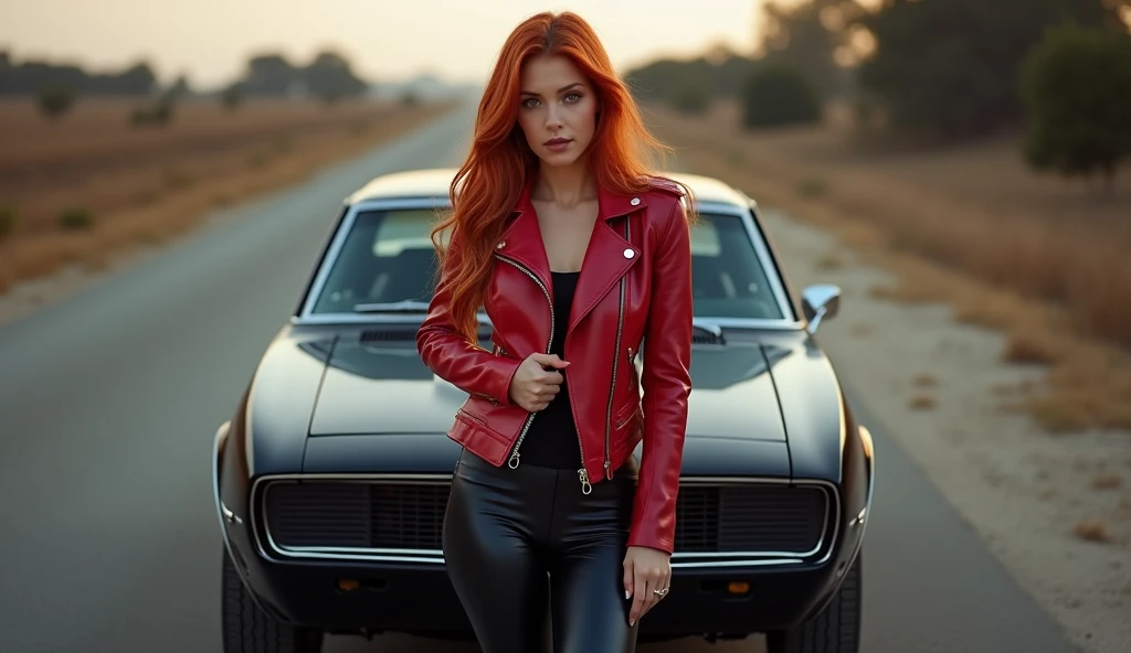 ultra realistic, photography, long red hair, girl, 24 years old, hourglass figure, perfect body, medium breasts, blur background, black chevrolet camaro SS 1968 on the side of the road, she wears a red leather jacket and black tight leatherpants, she stands in front of the car, leaning against the hood of the car