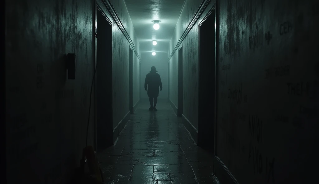 A gloomy hallway with a dark shadow at the end, while a sinister hand-cranked music box lies on the floor.