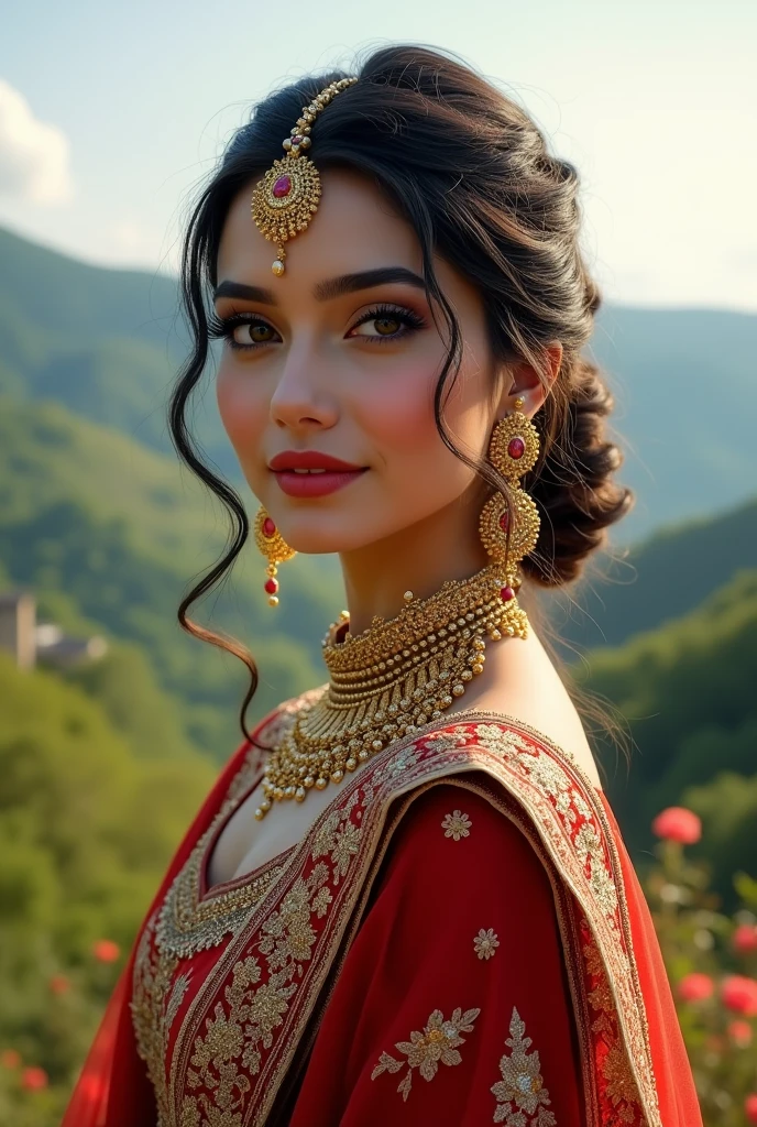 epic realistic portrait of Pakistani bride outdoor (same face, location, but different pose)