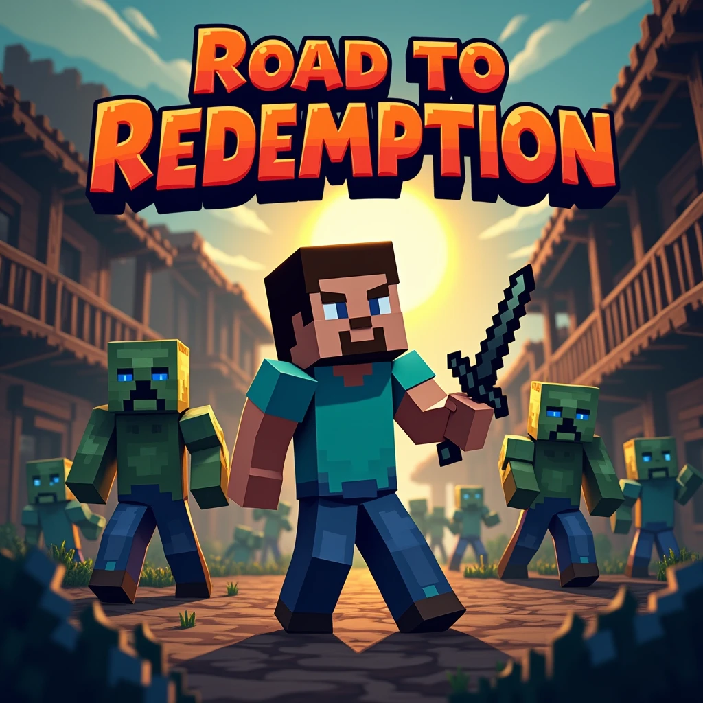 "Create a square logo in Minecraft style, 1:1 aspect ratio. The main focus is a Minecraft-style character holding a gun in a small town setting, surrounded by zombies, with an overall post-apocalyptic wasteland theme. Add another Minecraft-style character to the side, who is opening a chest and pulling out an iron sword. The top of the image should feature the text 'Road to Redemption Reborn'."
