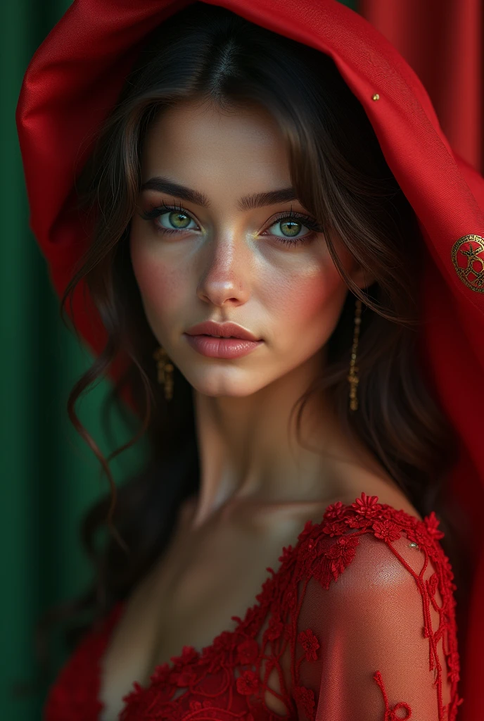 Arafed woman in a red cloak with a hood over her head, detailed beauty portrait, fantasy art portrait, fantasy character portrait, fantasy genre portrait, cinematic realistic portrait, fantasy portrait, fantasy concept art portrait, beautiful fantasy portrait, portrait shot, Close up portrait shot, realistic 4k digital art, realistic 4k digital art, epic fantasy fine art portrait, freckles over her nose and under her eyes