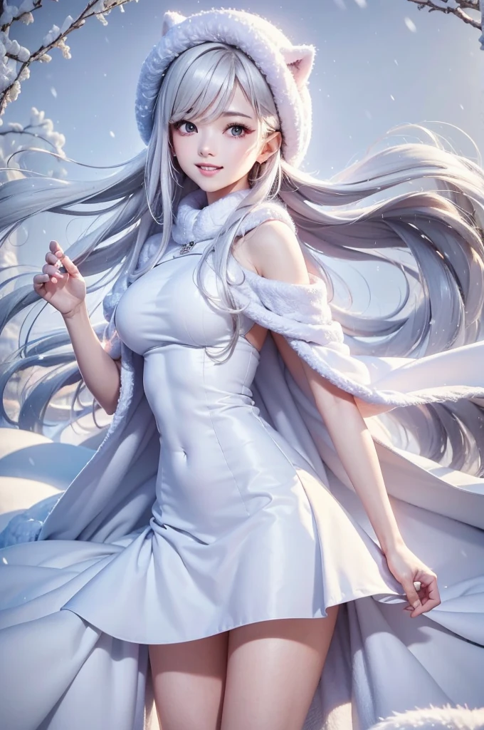 masterpiece、Highest quality、1 girl, winter, white hair, Cute girl, smile, close mouse, medium breasts, sideboob, white dress, winter clothes, long skirt, Fur coat、Small waist、Thin legs、outdoors, snow falling
