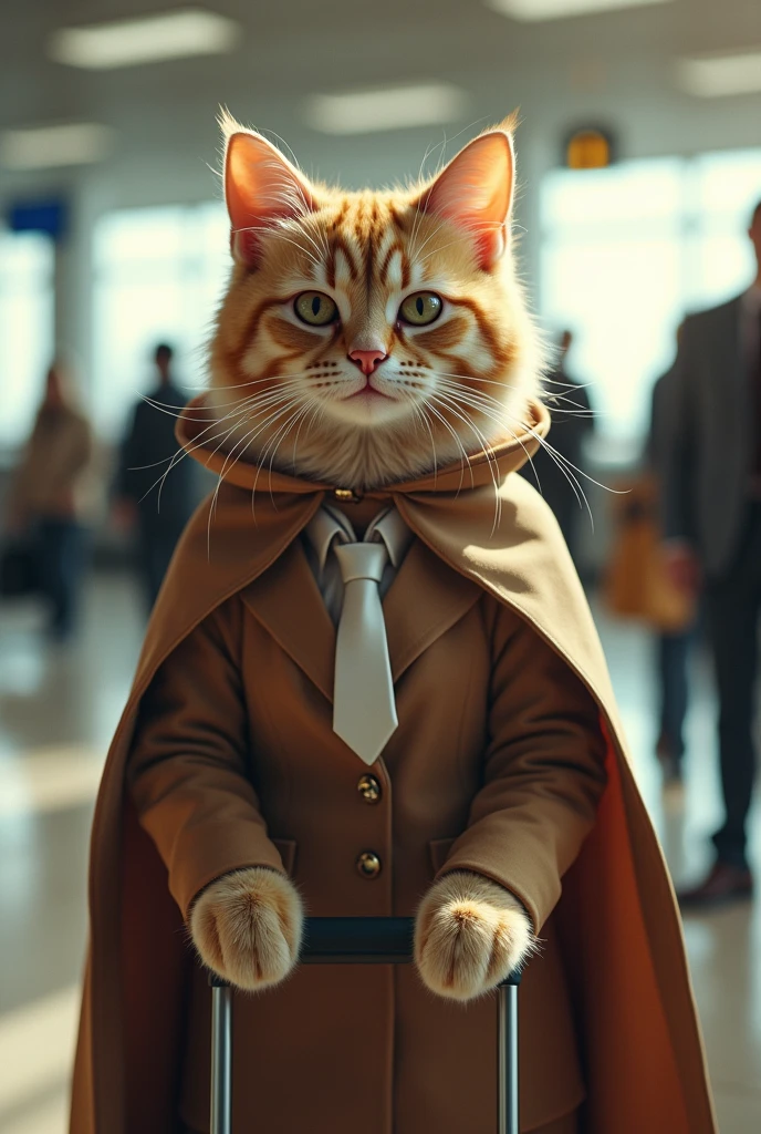 35mm lens，Multiple angles，Beautiful Cat，cute，sexly，Personification，Back，Side，silhouette，Overhead shot，Cat，Standing，Doll，Airline stewardess，Trolley case，，AIRPORT，Airline stewardess， cloak,Ruan Jia,，Work clothes，tie, (Delicate face), (Fine fluffy fur)，（35mm Cinema Lens），（Multi-angle shooting），（many viewing angles）