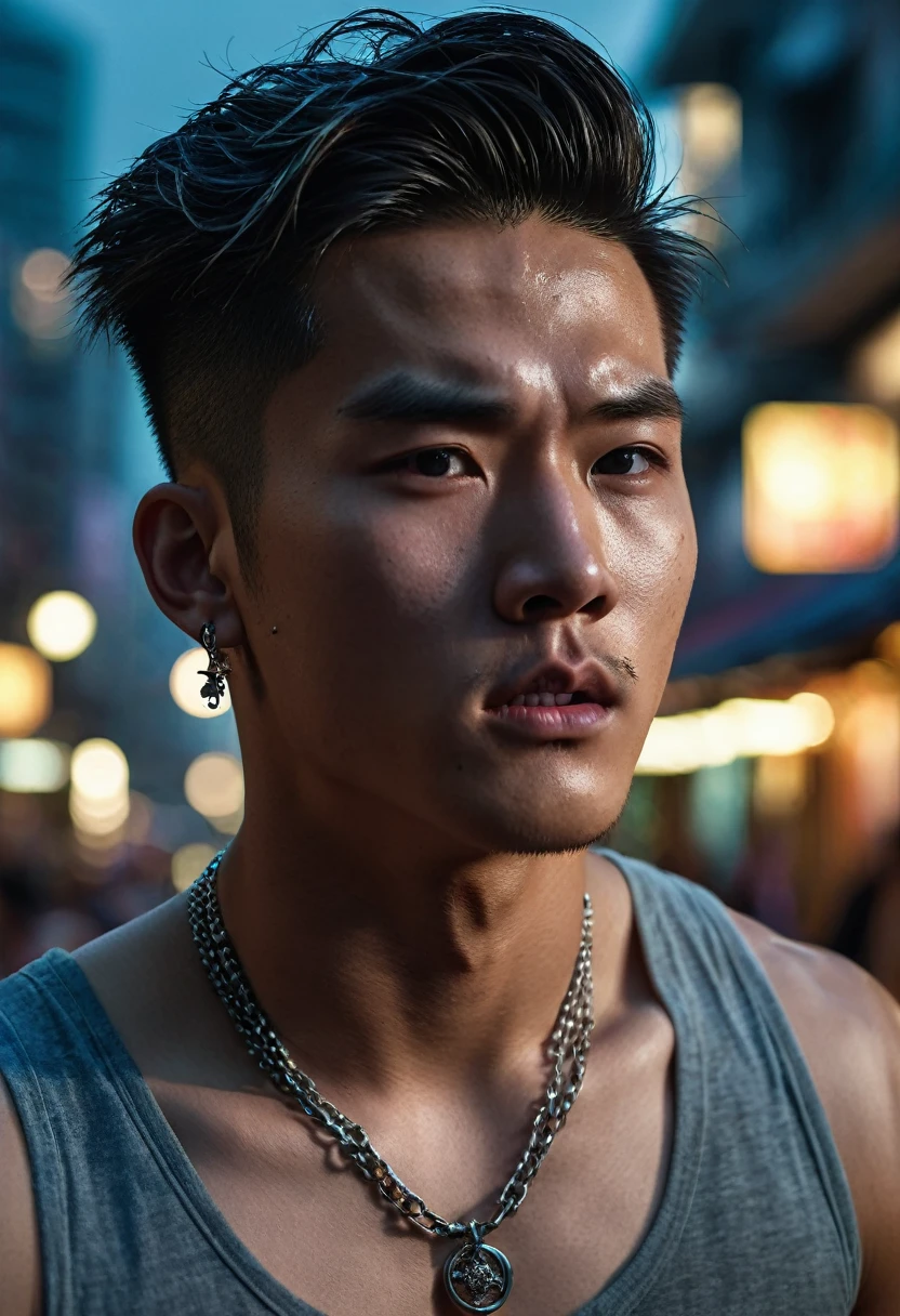 ((Face close-up)), a man, extremely handsome, 15 years old, muscular, tattooed, wearing a necklace, hair tied up, street scene, gangster style, romantic, Hong Kong cinema. Their eyes are filled with sadness and longing. Full moon light background. Cinematic light, high detail, 8k, artstation, conceptual art, dark fantasy. Photo taken with Canon EOS R5 85mm f/11 camera, ((sharp)) mode of people and surrounding scenery. Image quality ((8K)), ((realistic)), ((masterpiece)), ((sharpest and highest contrast)), ((excellent depth of field)), ((stereoscopic light)), ((angry, ferocious)), detailed pores, ((looking straight at the camera)), (((screaming))), ((threatening))