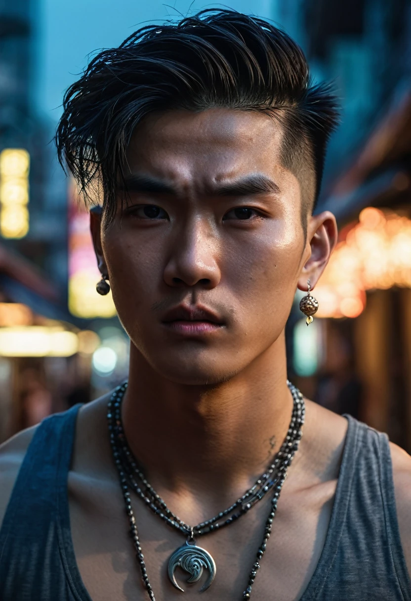 ((Face close-up)), a man, extremely handsome, , muscular, tattooed, wearing a necklace, hair tied up, street scene, gangster style, romantic, Hong Kong cinema. Their eyes are filled with sadness and longing. Full moon light background. Cinematic light, high detail, 8k, artstation, conceptual art, dark fantasy. Photo taken with Canon EOS R5 85mm f/11 camera, ((sharp)) mode of people and surrounding scenery. Image quality ((8K)), ((realistic)), ((masterpiece)), ((sharpest and highest contrast)), ((excellent depth of field)), ((stereoscopic light)), ((angry, ferocious)), detailed pores, ((looking straight at the camera)), (((screaming))), ((threatening))