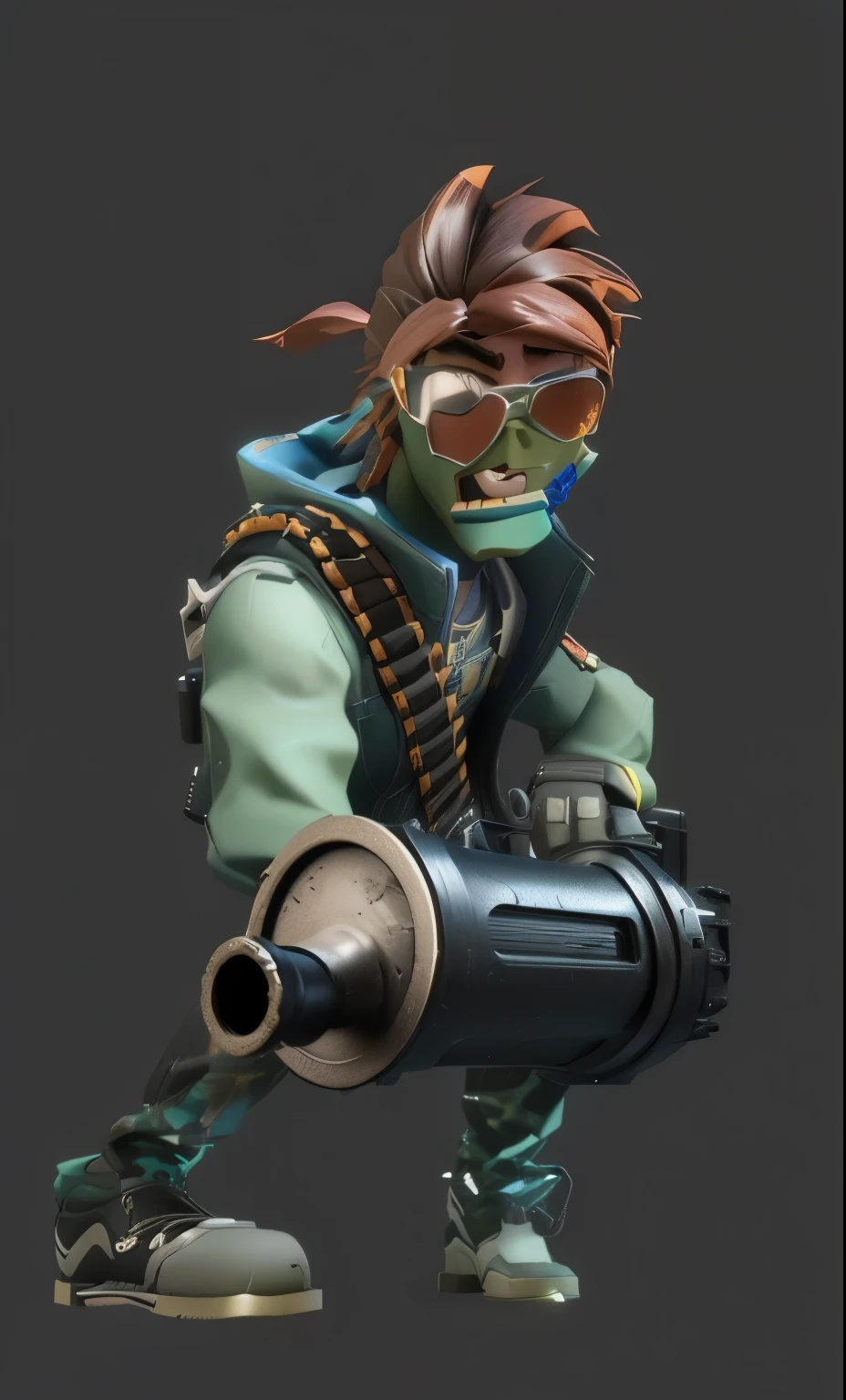 Close-up of cartoon character holding gun, Murdoch Nichols, 3d render of jerma 9 8 5, sfm render, as a Fortnite Characters, Fortnite Characters, Lucio as a woman, Roland Zilvinskis 3D Rendering Art, Character Art Opposite, Colored zbrush rendering, Mini Gun, character concept model, heavily stylized