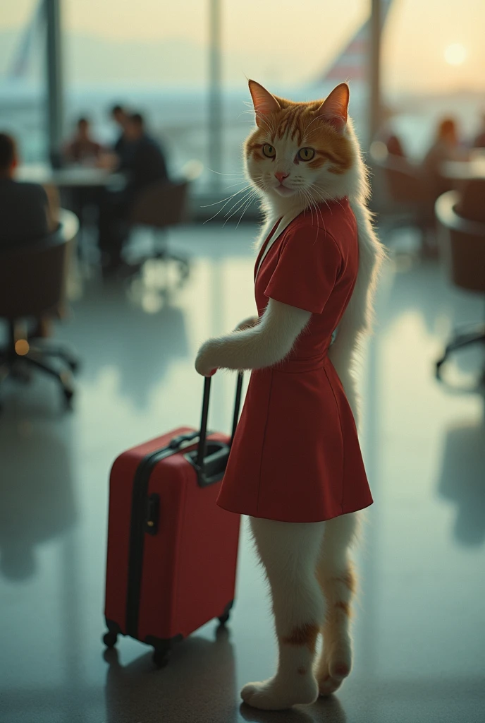 35mm lens,Multiple angles,Beautiful Cat,cute,sexly,Personification,Back,Side,silhouette,Overhead shot,Cat,Standing,Doll,Airline stewardess,Trolley case,,AIRPORT,Airline stewardess, cloak,Ruan Jia,,Work clothes,tie, (Delicate face), (Fine fluffy fur),(35mm Cinema Lens),(Multi-angle shooting),(many viewing angles)