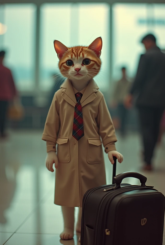 35mm lens,Multiple angles,Beautiful Cat,cute,sexly,Personification,Back,Side,silhouette,Overhead shot,Cat,Standing,Doll,Airline stewardess,Trolley case,,AIRPORT,Airline stewardess, cloak,Ruan Jia,,Work clothes,tie, (Delicate face), (Fine fluffy fur),(35mm Cinema Lens),(Multi-angle shooting),(many viewing angles)