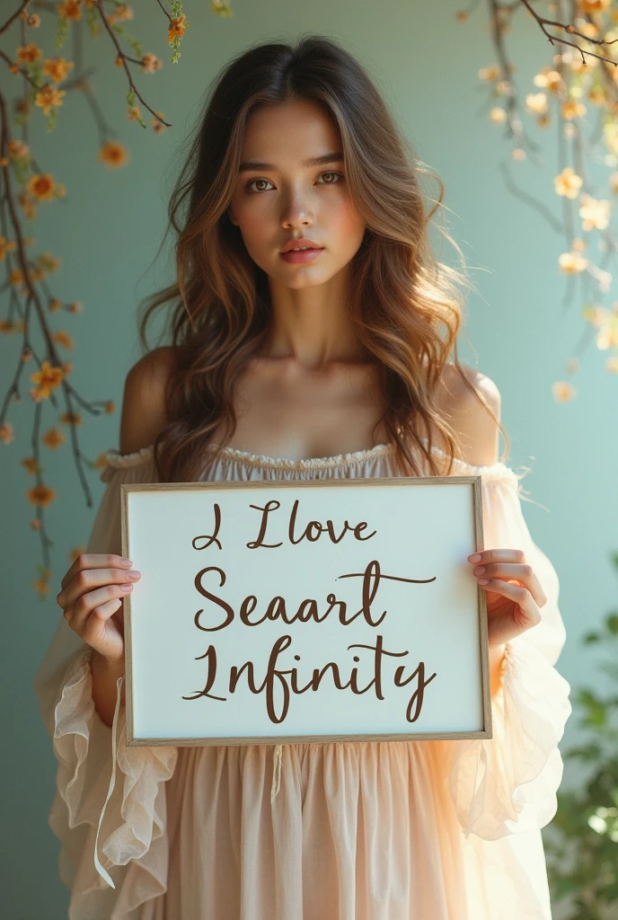Beautiful girl with wavy long hair, bohemian dress, holding a white board with text "I Love Seaart Infinity" and showing it to the viewer