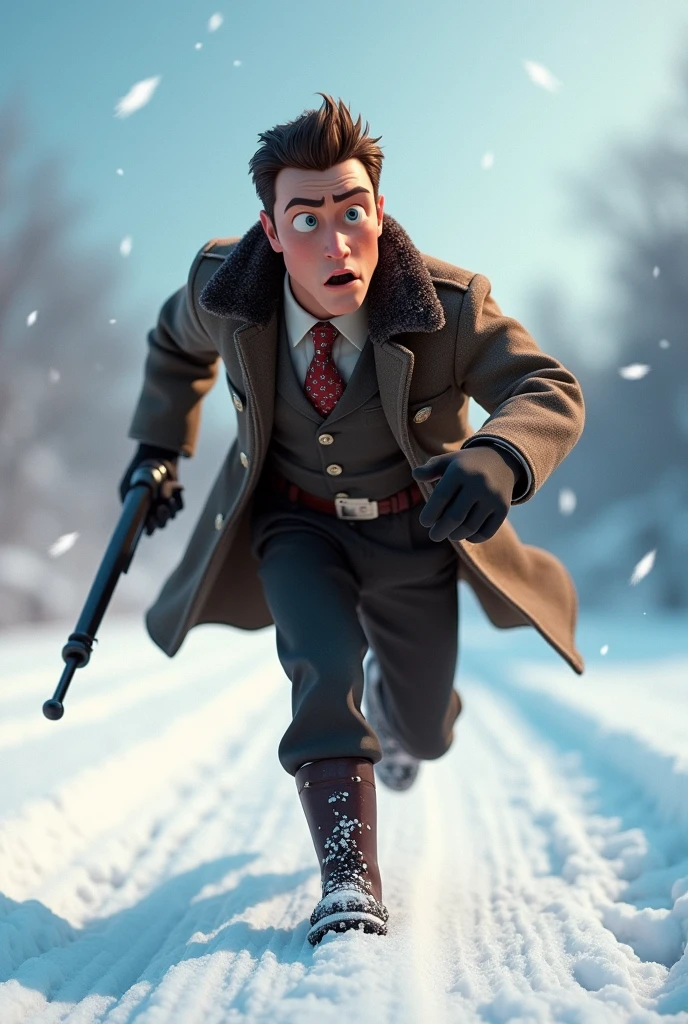 Pixar style, animation, 3d, solider, 1900s, Russia, snow background, journey, camera, 30s age, adventure, , movie poster, high quality, running face expression, vantage camera on his hand, full body shows. Disney, running from gangsters.