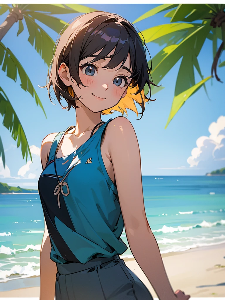 master piece, best quality, for below, cinematic angle, upper body , pigeon toed,
Anime-style Moe illustration, yuri, summer vacation theme, 20-year-old, 2Girls, Beach,Tree Shade, short hair,
Summer Casual, slightly inner thighs, smile, accurate drawing, Active pose, Active Angle,