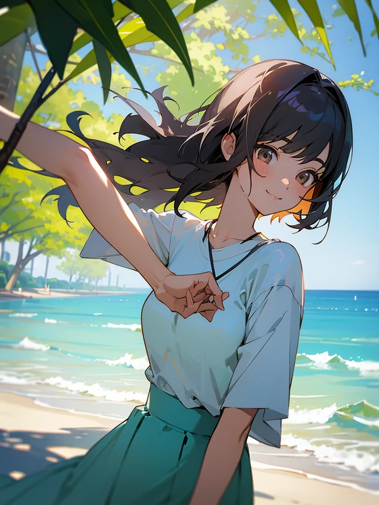  master piece, best quality, for below, cinematic angle, upper body , pigeon toed,  
Anime-style Moe illustration, yuri, summer vacation theme, 20-year-old, 2Girls, Beach,Tree Shade, short hair, 
Summer Casual, slightly inner thighs, smile, accurate drawing, Active pose, Active Angle, 