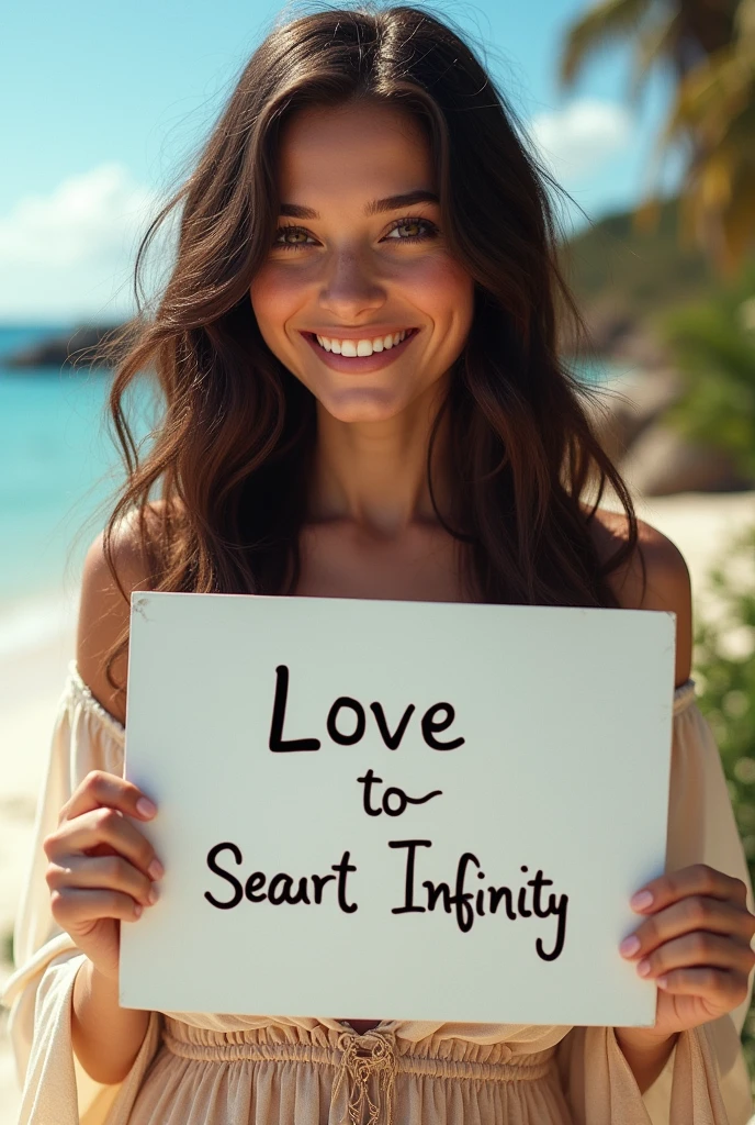 Beautiful girl with wavy long hair, bohemian dress, holding a white board with text "I Love Seaart Infinity" and showing it to the viewer