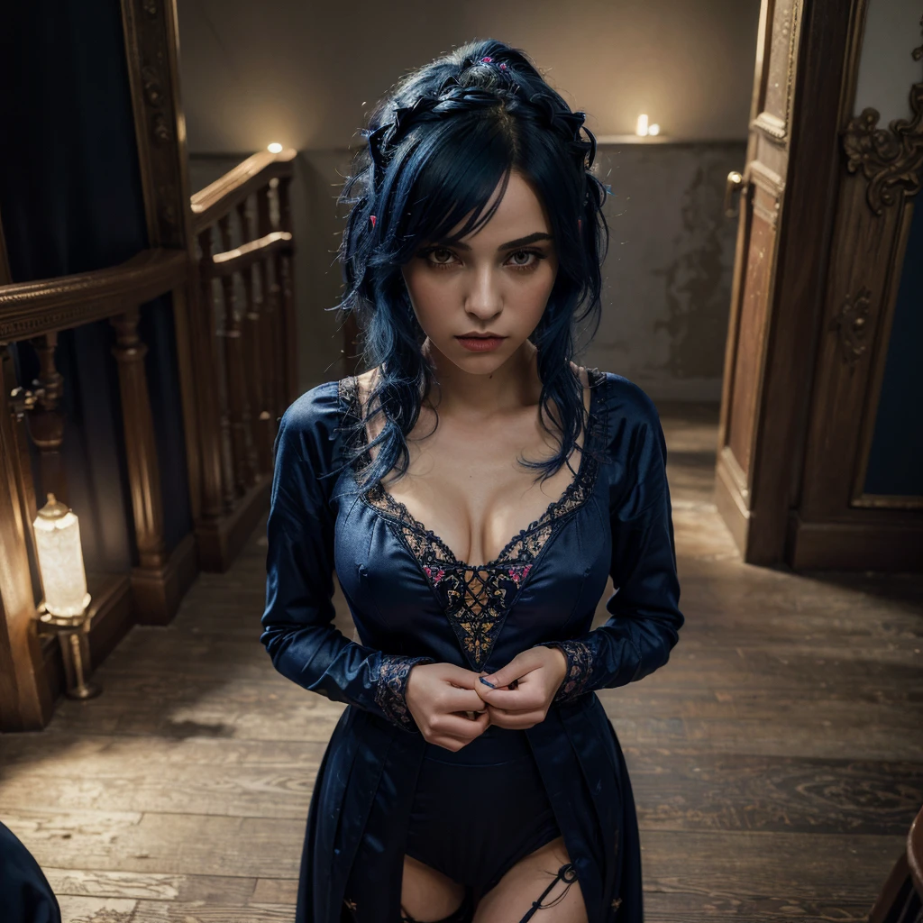 (masterpiece:1.4), (best quality:1.4), extremely detailed, intricate, hyper detailed, illustration,soft lighting, scenic, 1girl, disgust, Navy blue hair, colorful, colorized, from_above ,vampire_costume , runway 