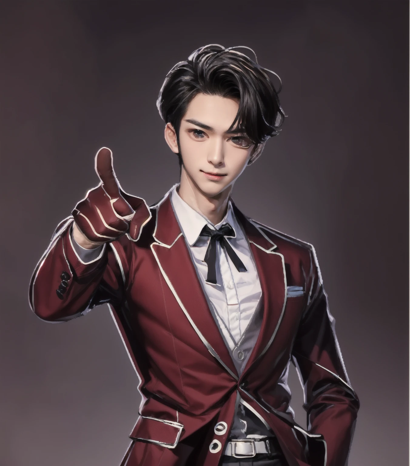 ((Pointing finger at me)),(fair complexion),(know), Iris,(gender: natural face),(Japanese),(long),(bow tie),(black suit), handsome young Asian male, Japanese idol style, short clean-cut hair, ((center part )), calm and confident expression, plain white background, portrait, high quality, detailed, 8K