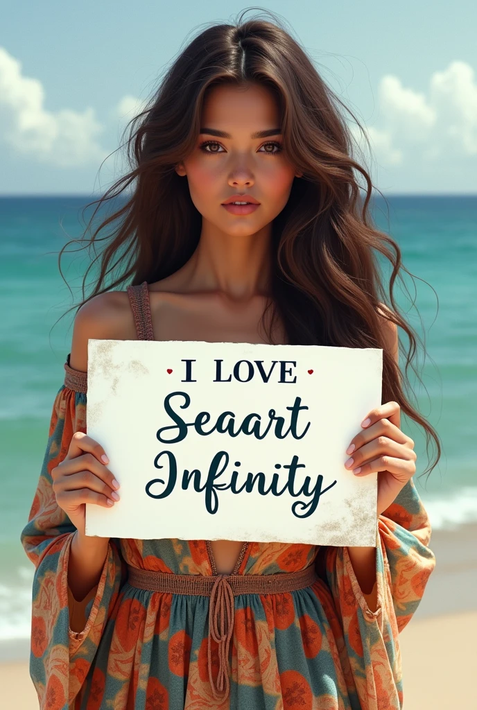 Beautiful girl with wavy long hair, bohemian dress, holding a white board with text "I Love Seaart Infinity" and showing it to the viewer