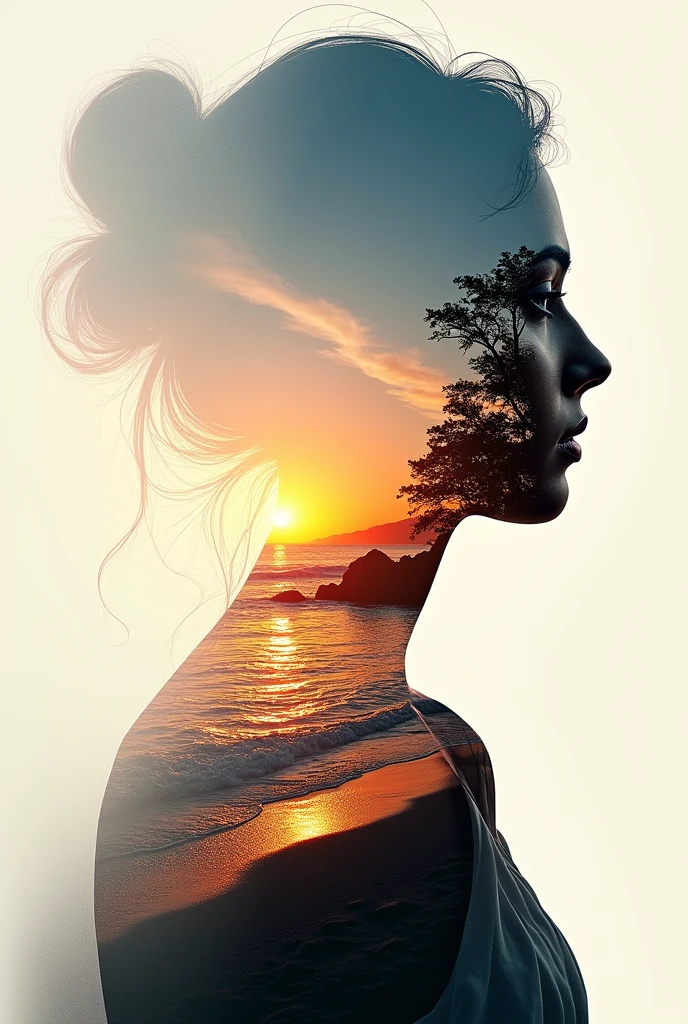 high quality, 8K Ultra HD, A beautiful double exposure that combines an goddess silhouette with sunset coast, sunset coast should serve as the underlying backdrop, with its details incorporated into the goddess , crisp lines, The background is monochrome, sharp focus, double exposure, by yukisakura, awesome full color,