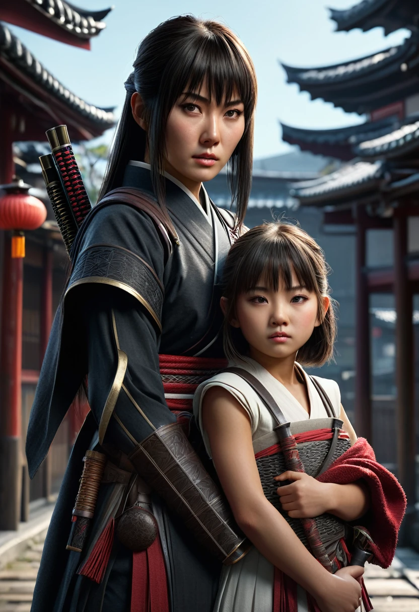 (high quality), (masterpiece), (detailed), 8K, Hyper-realistic portrayal of a assasin holding a sowrd (1girl1.2), Japanese character. Meticulous details bring the character to life in this visually stunning composition, showcasing the seamless blend of tradition and innovation. Trending on Artstation. A girl with bangs and long hair and a high mose bridge