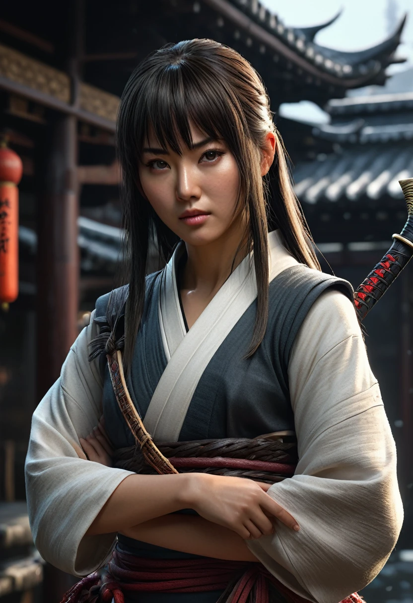 (high quality), (masterpiece), (detailed), 8K, Hyper-realistic portrayal of a assasin holding a sowrd (1girl1.2), Japanese character. Meticulous details bring the character to life in this visually stunning composition, showcasing the seamless blend of tradition and innovation. Trending on Artstation. A girl with bangs and long hair and a high mose bridge 