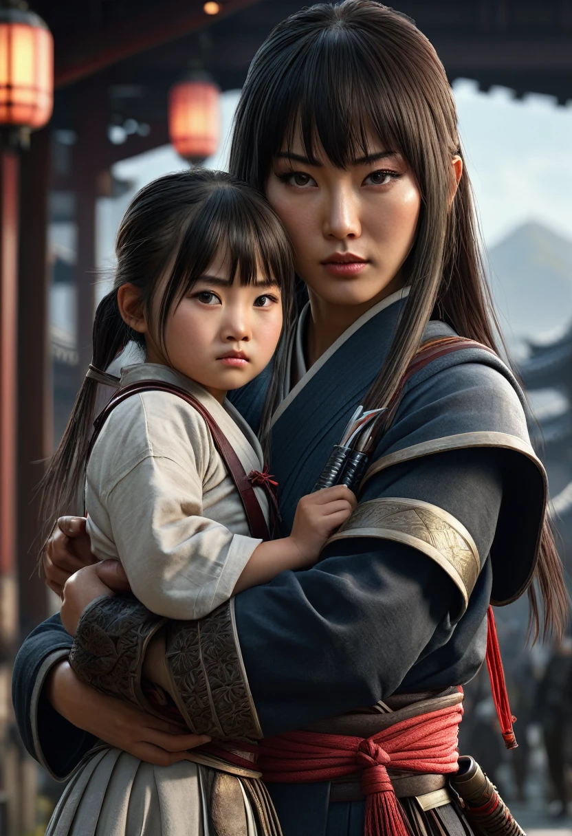 (high quality), (masterpiece), (detailed), 8K, Hyper-realistic portrayal of a assasin holding a sowrd (1girl1.2), Japanese character. Meticulous details bring the character to life in this visually stunning composition, showcasing the seamless blend of tradition and innovation. Trending on Artstation. A girl with bangs and long hair and a high mose bridge 