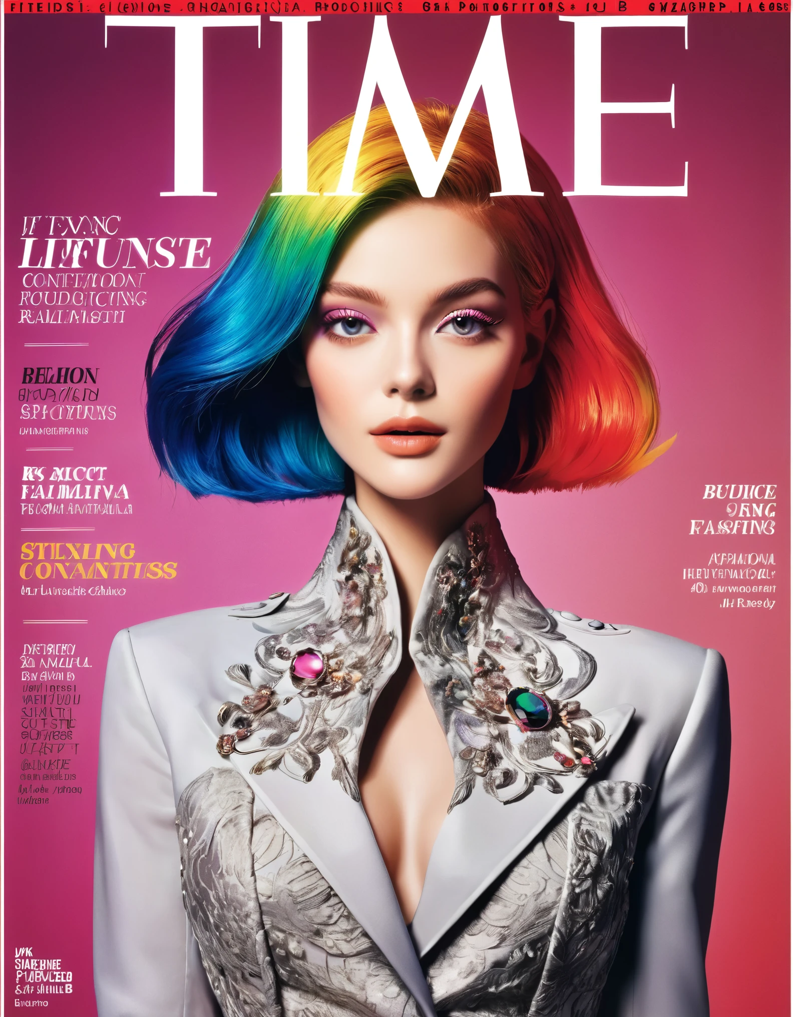 Magazine cover, esthetic, Time Magazine, (A girl with) vibrant colorful hair, Eye-catching pose, stylish clothes, confident smile, Dynamic background, (Haute Couture),(realisti),(studio lighting), (best quality,4K,highres), (portrait), (best quality,4K,8k,highres,​masterpiece:1.2),Ultra-detail,(realisti,photorealisti,photo-realisti:1.37), glossy finish, bright colours, captivating design, Professional models, Iconic logo, Striking typography, Dynamic layout, eye-catching headlines, Fashion Forward, Avant-garde style, innovative concepts, influential personalities, Trend-setting fashion, detailed articles, thought-provoking content, Modern lifestyle, cultural influence, timeless charm, stylish accessories, glamorous photo shoots, international appeal, Diverse perspectives, High-Fashion-Editorials, Exclusive interviews, first-class journalism, exquisite craftsmanship, visual storytelling, captivating cover story, captivating images, iconic fashion brands, Avantgardistisches Make-up, luxurious fabrics, elegant patterns, High quality printing, sophisticated layout, Trendprognose, inspiring pictures, breathtaking artistic direction, Required reading.